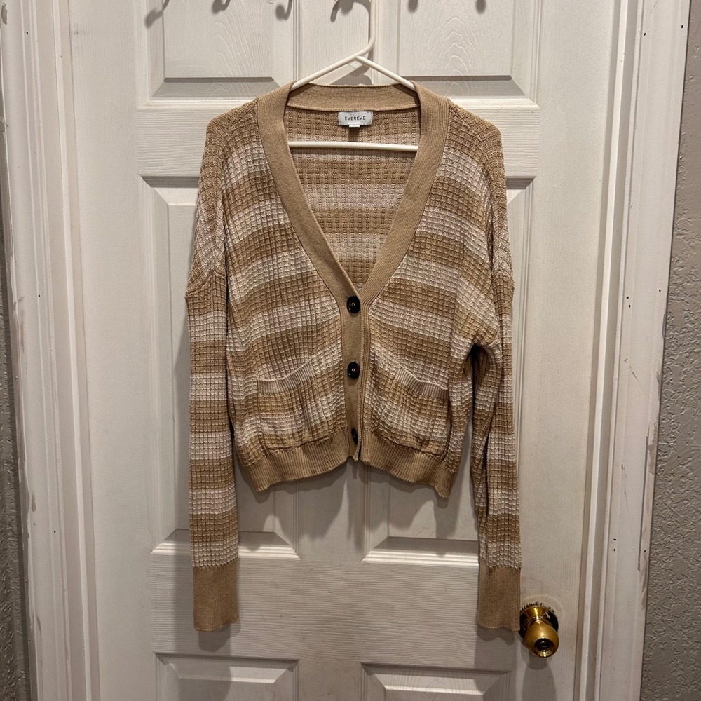 Evereve Large Kiki‎ Cardigan Beige Striped Waffle Knit Cotton Modal Sweater